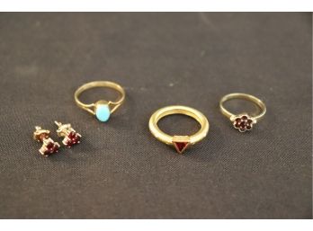 18k Ring With Turquoise Stone, 14K Earrings Red Stones, 14K Floral Ring, 18k Ring With Red Triangle Stone
