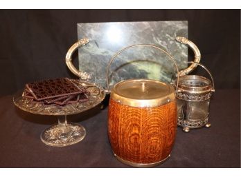 Marble Stone Cheese Platter By Godinger With Decorative Biscuit Jar, & Coasters Set By Sybaritic Industries