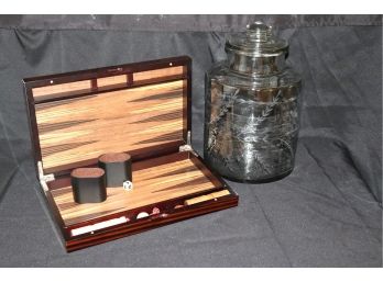 Backgammon Game With Case Includes Large Decorative Etched Glass Jar Container With Lid