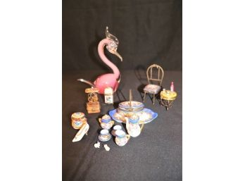 Collection Includes Pink Glass Swan, Small Decorative Limoges Trinket Boxes & Painted Limoges Miniatures