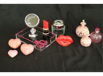 Signed Kosta Boda Lipstick And Lips, Assorted Sized Vanity Bottles & 2 Murano Glass Pieces