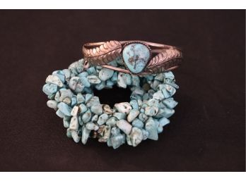 Vintage Sterling/Turquoise Bracelet & Turquoise Stone Beaded Cluster Stretch Bracelet