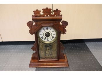 Vintage Gingerbread Clock With A Nice Stained Finish & Hand Painted Door
