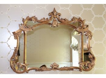 Beautiful Carved Gilded Mirror In A Wood Frame With Several Panels, Antiqued Finish