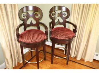 Pair Of Quality Carved Wood Bar Stools With Custom Velvet Like Fabric
