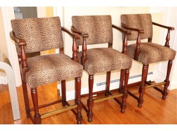 Set Of 3 Custom Upholstered Counter Stools With Footrail