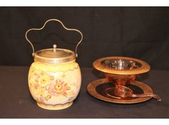 Peony Floral Biscuit Jar W&R Carlton Ware & Raised Serving Bowl With Plate & Ladle Gold Painted Border