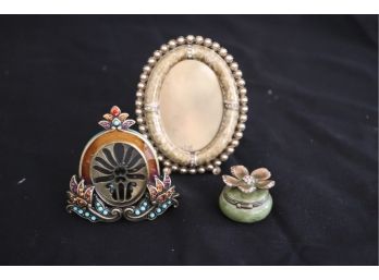 Collection Of 3 Jay Strongwater Pieces Includes 2 Miniature Frames & Miniature Floral Design Pill Box