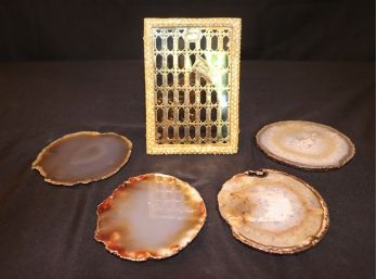 Beautiful Jeweled Gold Colored Frame & 4 Beautiful Geode Stone Coasters