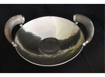 Alpaca Silver Contemporary Hammered Serving Bowl With Cow Horn Handles - Handmade In Argentina