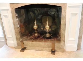 Contemporary Glass Fireplace Screen Bronze Finished Feet From Williams Sonoma & 2 Large Brass Andirons
