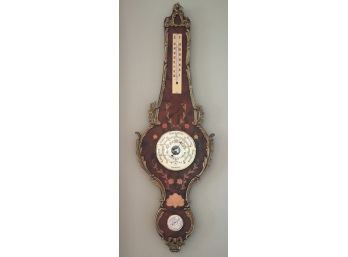 Italian Inlaid Wall Barometer With Ornate Brass Detail & Hand Painted Floral Detail