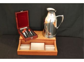 Stainless Steel Pitcher, Contemporary Wine Stoppers Set With Box, And Burl Style Box