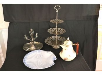 Decorative Collection Includes Mackenzie Childs Teapot, Two's Company Dish, Shell Dish By J. Willfred Portu