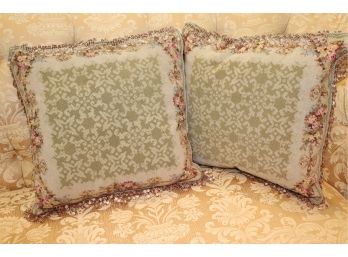 Pair Of Pretty Accent Needlepoint Pillows With A Silk Back & Fun Beaded Tassels