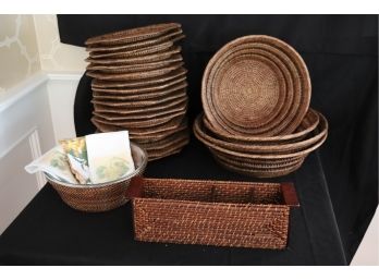 Large Collection Of Woven Serving Dishes, Includes 18 Woven Chargers, 5 Large Bowls