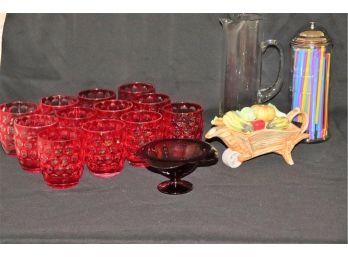 Red Mario Lura Giusti Glasses With Straw Holder & Pitcher Decorative Vegetable Cart By Tea Pottery England