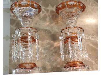 Pair Of Gorgeous Vintage Decorative Luster Candle Holders With Amber Colored Glass & Beautiful Crystals