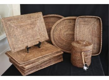 Collection Of 12  Woven Placemats , 3 Woven Trays & Ice Bucket With Tongs , Great For Serving Guest Outdoo