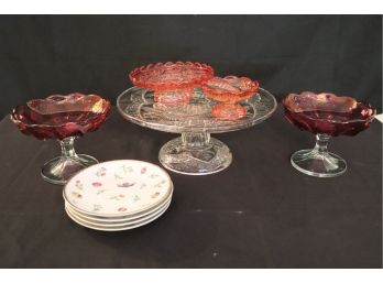 Dessert Plates By Henriette Porcelain, Cranberry Colored Sorbet Dish, Depression Glass & Pie Stand