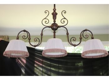 Billiards Table Light 3 Lights Scrolled Design & Rubbed Bronze Finish/Fun Pleated Shades With Tassels