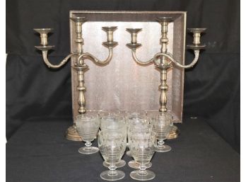 10 Vintage Etched Glasses Made By Hawkes, 2 Heavy Candelabras By Decorative Crafts Inc & Faux Lizard Skin