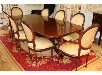 Gorgeous Banded Mahogany Dining Room Table By Ardley Hall With 8 Chairs, Dual Pedestal & Brass Feet