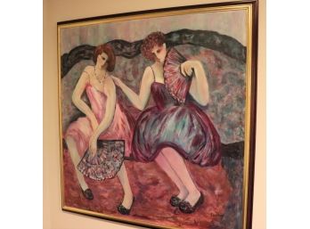 Signed Painting By Lustig 2 Women Fanning Themselves In A Quality Frame With A Gilded Border