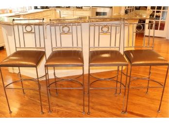 Set Of 4 Matching Heavy Iron Counter Stools With A Beautiful Custom Faux Reptile Pattern Upholstery