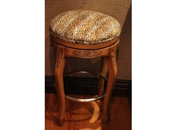 Quality Carved Wood Stool With Leopard Print And Foot Rest