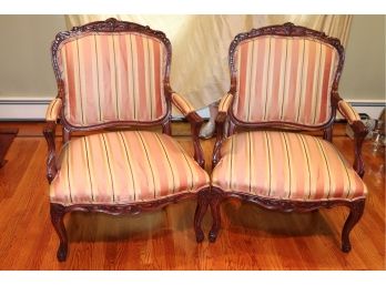 Carved Wood Custom Upholstered Silk Accent Chairs With Padded Arms, Beautiful Carved Floral Detail