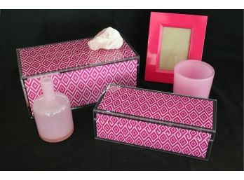 2 Pink Fashionable Storage Boxes By Three Hands Corp, Decorative Pink Picture Frame, Bottle & Candle Holder