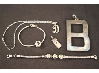 Large Silver B, Sterling Whistle Pendant, Sterling Bracelet With Green Stone & Small Heart Bracelet
