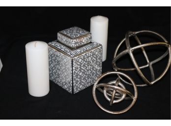 Decorative Collection Includes Canister, Candles & Decorative Spherical Art