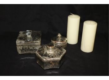Decorative Collection Includes A Set Of 3 Mercury Glass Containers & 2 Accent Candles