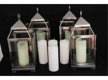 Set Of 4 Chrome Finished Lanterns With Candles & Extras