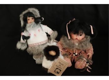 Vintage Dolls - Alaskan Friends Porcelain Doll, Carved Wood Doll By The Alaska Fur Gallery & Native Doll