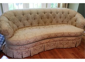 Charles Stewart Curved Tufted Sofa In Pristine Condition With Scrolled Floral Pattern, Skirted On Bottom