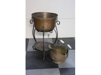 Hammered Planter/Ice Bucket Cauldron On Stand & Metal Coal Bucket With Handles