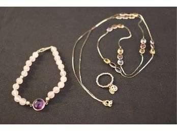 14k MultiGemstone 32' Necklace, Sm Costume Beck Stretch Ring & Purple Stone Pink Bracelet 14K Accents