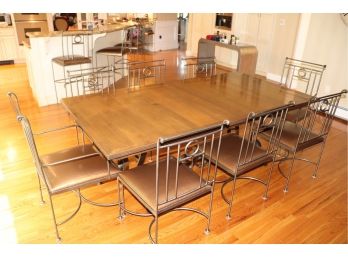 Beautiful Plank Style Butterfly Leaf Dining Table On A Heavy Wrought Iron Base With 8 Chairs Substantial Q