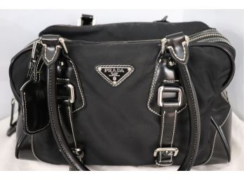 Prada Tessuto Nylon & Soft Calfskin Leather Handbag In Black