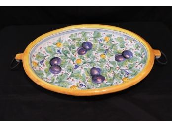 Hand Painted Italian Ceramic Paella Oval Bowl/Platter With Metal Rings