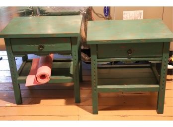 Pair Of Distressed Green Painted Nightstands With Open Shelf & Drawer