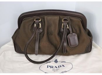 Prada Jacquard Logo & Leather Handbag In Dark Brown