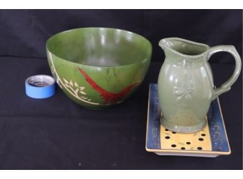 3 Piece Decorative Serving Pieces  Wood Bowl, Ceramic Pitcher & Tray
