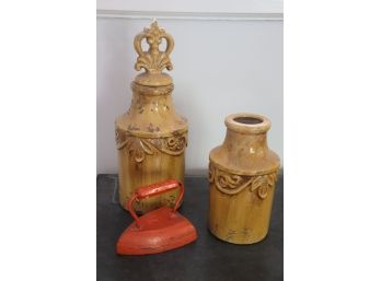 3 Vintage Decorative Accessories  2 Ceramic Vessels & Orange Cast Iron 7lb Iron