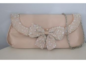 Vintage Beaded & Sequined Bow Shiny Fabric Clutch In Blush