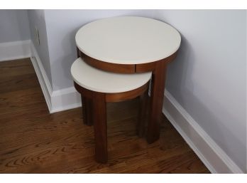 Pair Of Nesting Tables With Off White Tops & Dark Honey Wood Legs