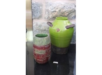Pair Of Hand Crafted Green Ceramic Vessels